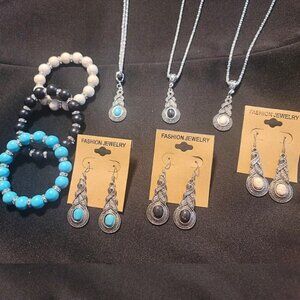 3 Sets of Silver Earrings Bracelet & Necklace Set Natural Stone & Crystals